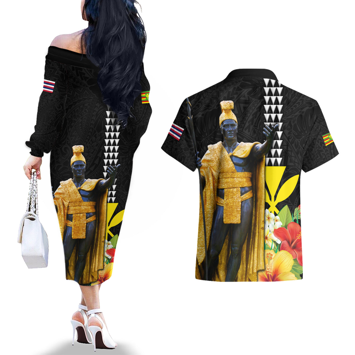 Hawaii King Kamehameha Day Couples Matching Off The Shoulder Long Sleeve Dress and Hawaiian Shirt Kanaka Maoli Hibiscus Flower and Kakau Pattern - Wonder Print Shop