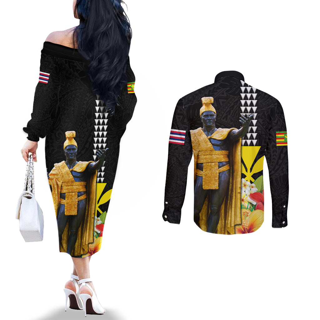 Hawaii King Kamehameha Day Couples Matching Off The Shoulder Long Sleeve Dress and Long Sleeve Button Shirt Kanaka Maoli Hibiscus Flower and Kakau Pattern