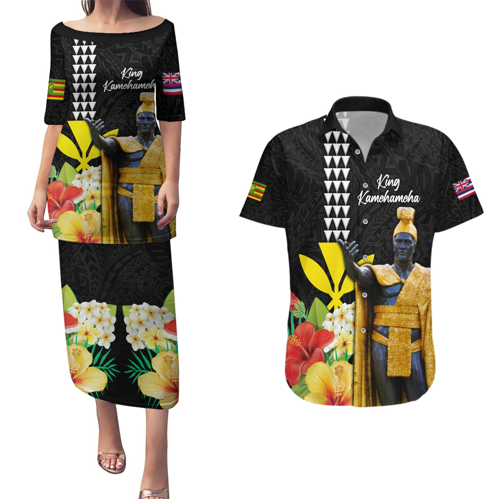 Hawaii King Kamehameha Day Couples Matching Puletasi and Hawaiian Shirt Kanaka Maoli Hibiscus Flower and Kakau Pattern - Wonder Print Shop