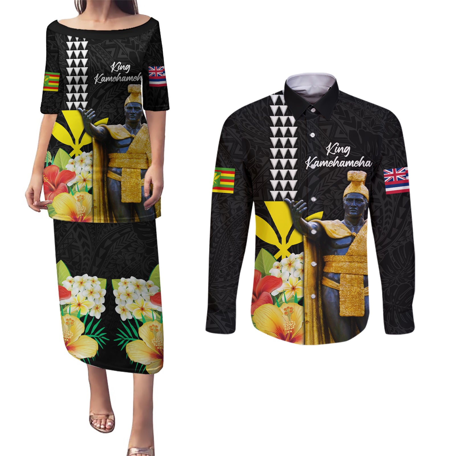Hawaii King Kamehameha Day Couples Matching Puletasi and Long Sleeve Button Shirt Kanaka Maoli Hibiscus Flower and Kakau Pattern - Wonder Print Shop