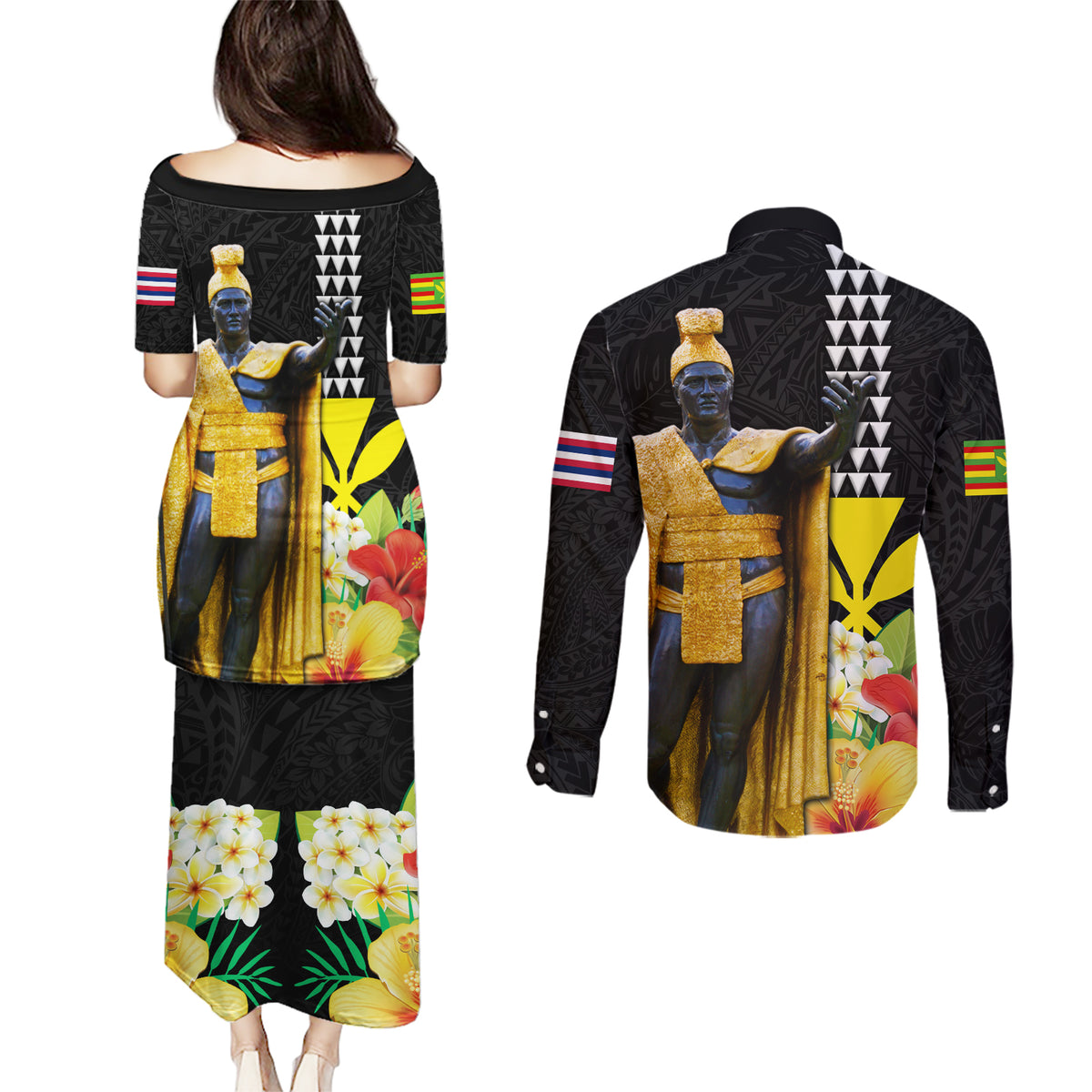 Hawaii King Kamehameha Day Couples Matching Puletasi and Long Sleeve Button Shirt Kanaka Maoli Hibiscus Flower and Kakau Pattern - Wonder Print Shop