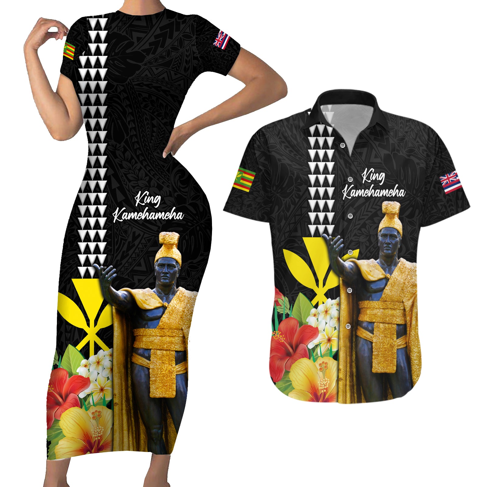 Hawaii King Kamehameha Day Couples Matching Short Sleeve Bodycon Dress and Hawaiian Shirt Kanaka Maoli Hibiscus Flower and Kakau Pattern - Wonder Print Shop