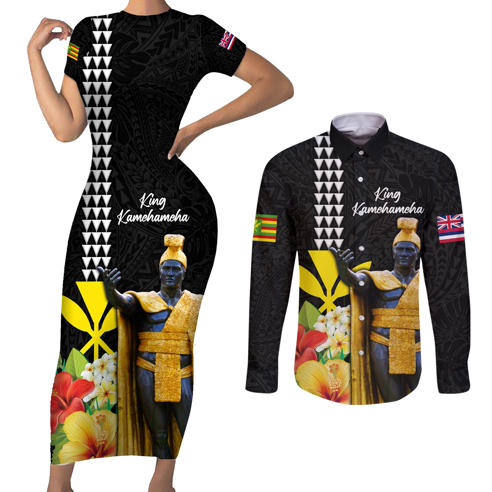 Hawaii King Kamehameha Day Couples Matching Short Sleeve Bodycon Dress and Long Sleeve Button Shirt Kanaka Maoli Hibiscus Flower and Kakau Pattern - Wonder Print Shop