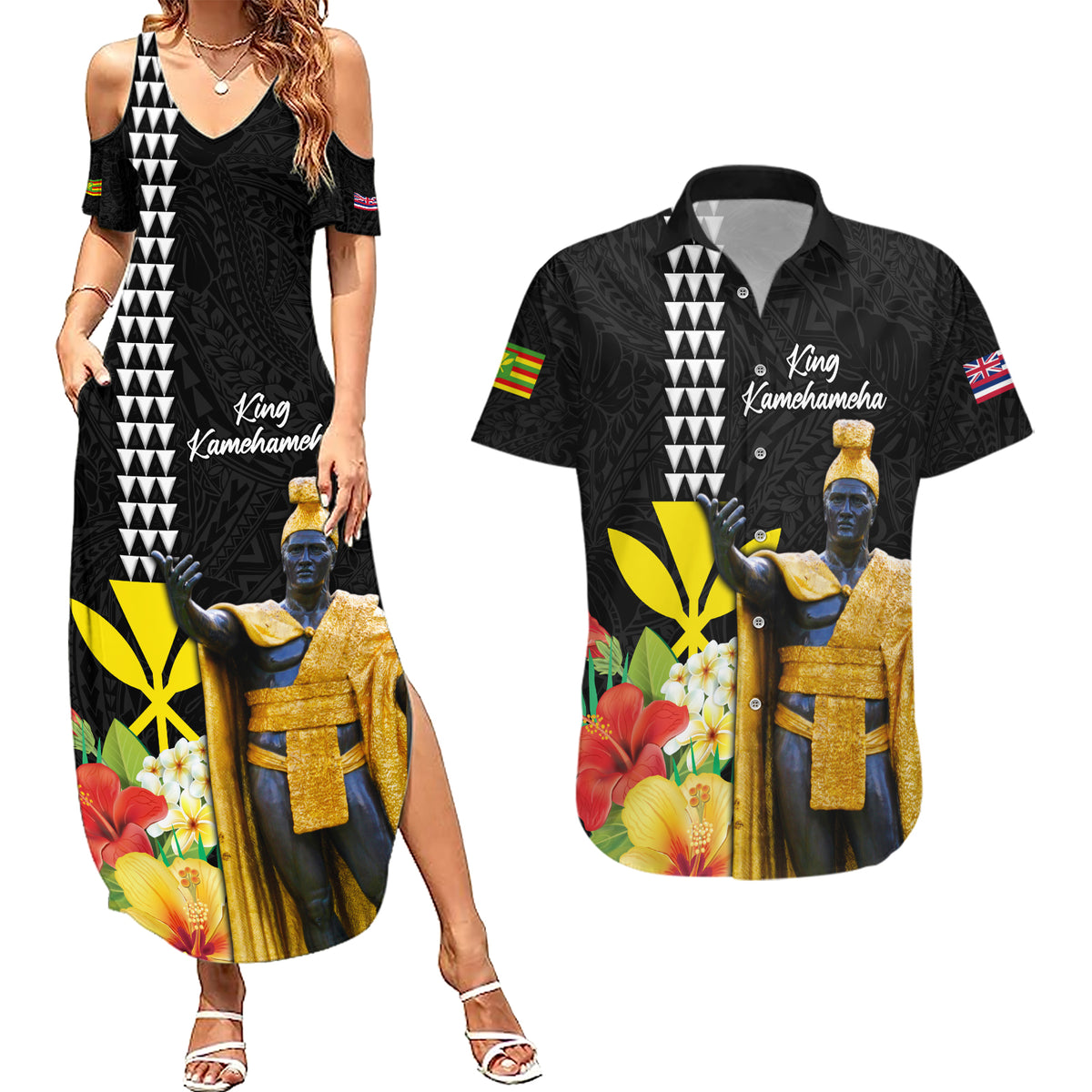 Hawaii King Kamehameha Day Couples Matching Summer Maxi Dress and Hawaiian Shirt Kanaka Maoli Hibiscus Flower and Kakau Pattern - Wonder Print Shop