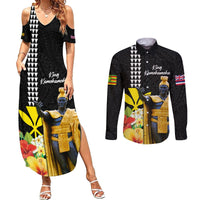 Hawaii King Kamehameha Day Couples Matching Summer Maxi Dress and Long Sleeve Button Shirt Kanaka Maoli Hibiscus Flower and Kakau Pattern - Wonder Print Shop