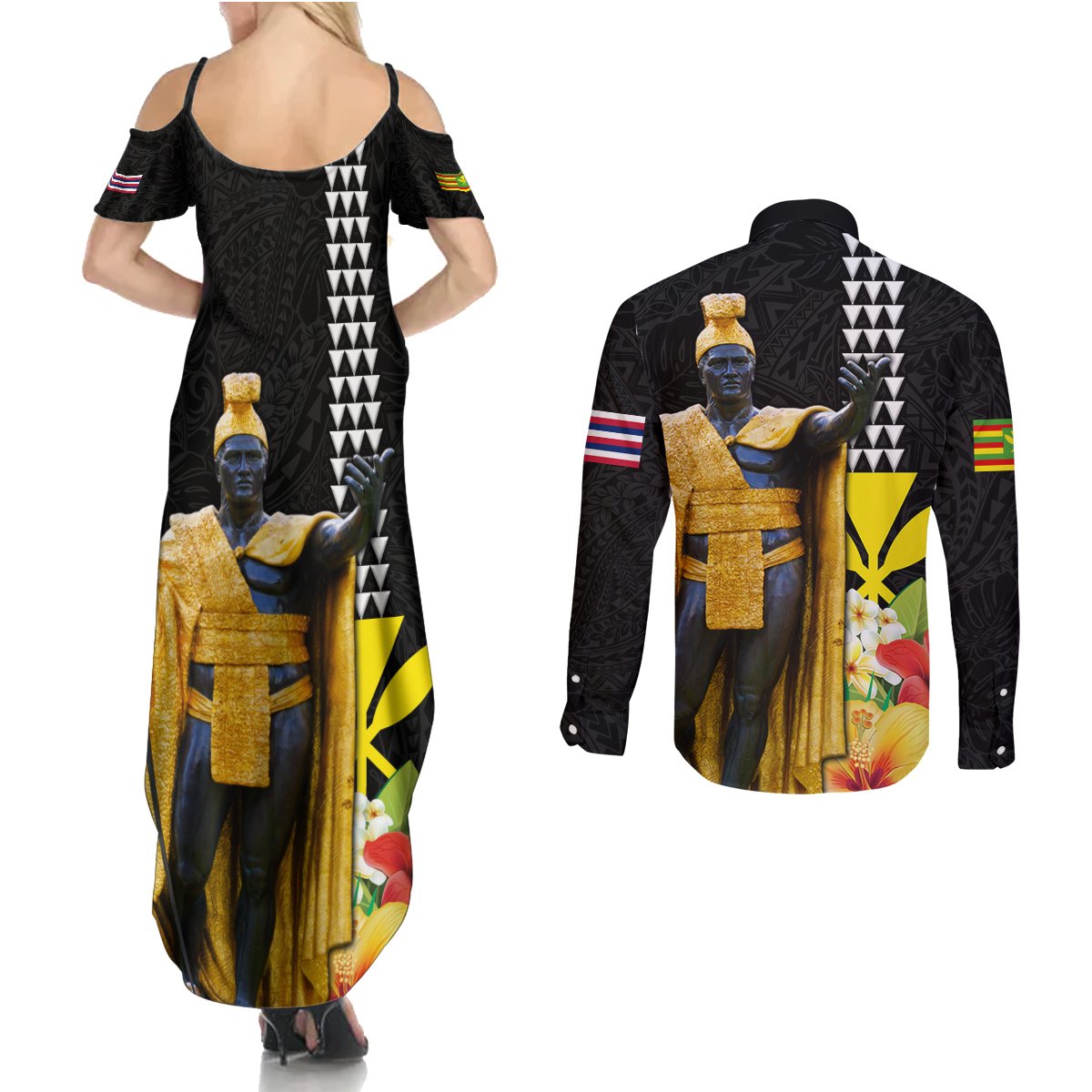 Hawaii King Kamehameha Day Couples Matching Summer Maxi Dress and Long Sleeve Button Shirt Kanaka Maoli Hibiscus Flower and Kakau Pattern - Wonder Print Shop