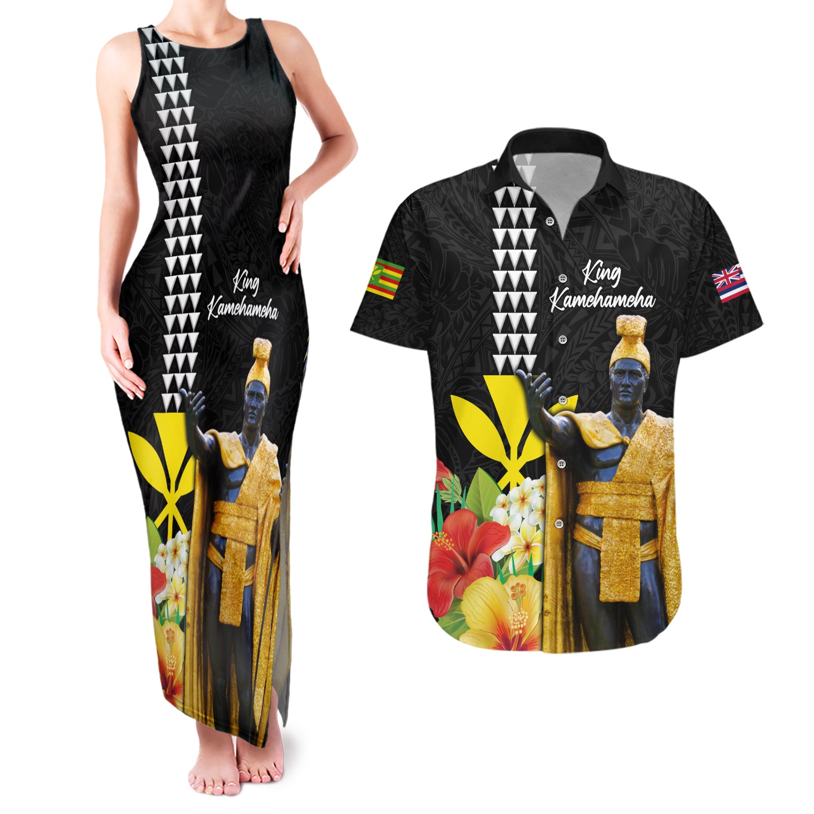 Hawaii King Kamehameha Day Couples Matching Tank Maxi Dress and Hawaiian Shirt Kanaka Maoli Hibiscus Flower and Kakau Pattern - Wonder Print Shop