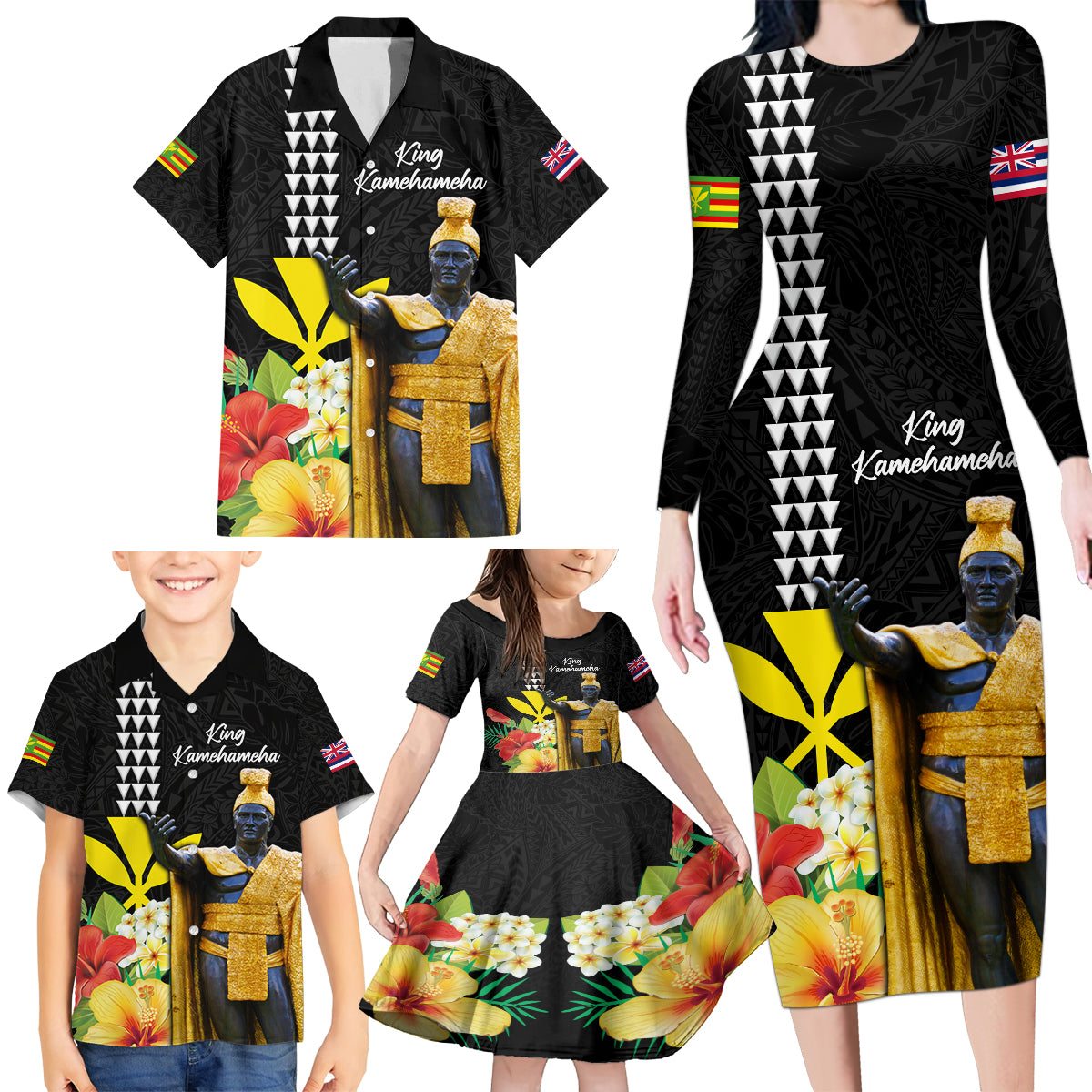 Hawaii King Kamehameha Day Family Matching Long Sleeve Bodycon Dress and Hawaiian Shirt Kanaka Maoli Hibiscus Flower and Kakau Pattern - Wonder Print Shop