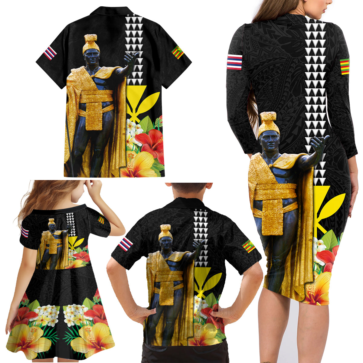 Hawaii King Kamehameha Day Family Matching Long Sleeve Bodycon Dress and Hawaiian Shirt Kanaka Maoli Hibiscus Flower and Kakau Pattern - Wonder Print Shop