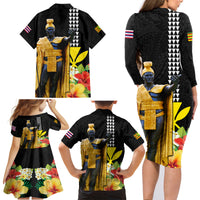 Hawaii King Kamehameha Day Family Matching Long Sleeve Bodycon Dress and Hawaiian Shirt Kanaka Maoli Hibiscus Flower and Kakau Pattern - Wonder Print Shop