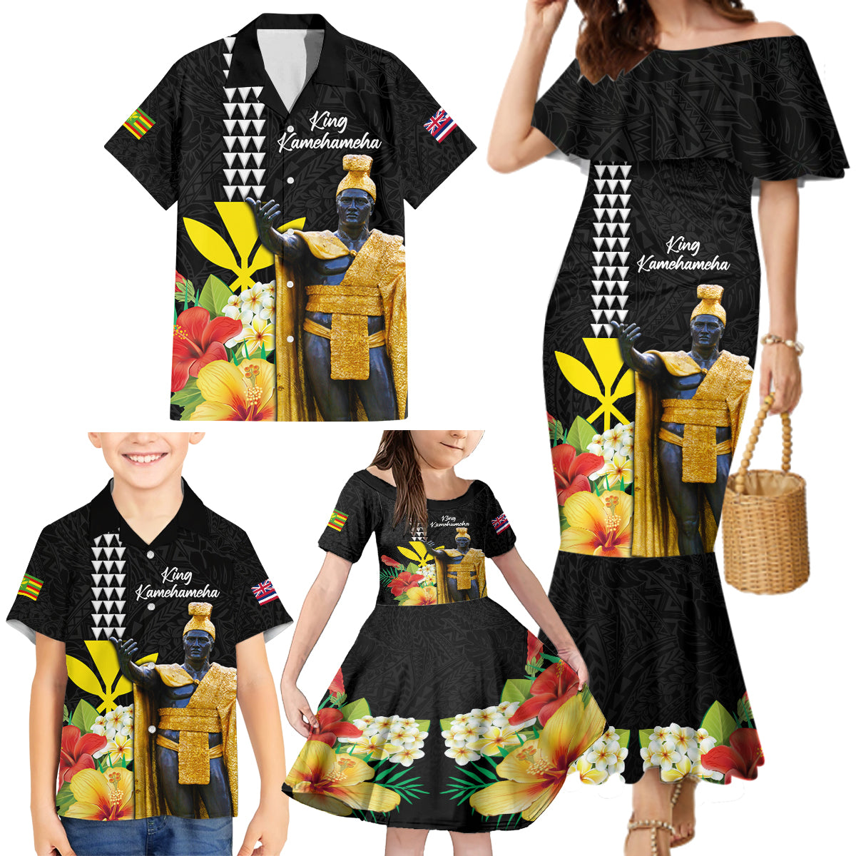 Hawaii King Kamehameha Day Family Matching Mermaid Dress and Hawaiian Shirt Kanaka Maoli Hibiscus Flower and Kakau Pattern - Wonder Print Shop