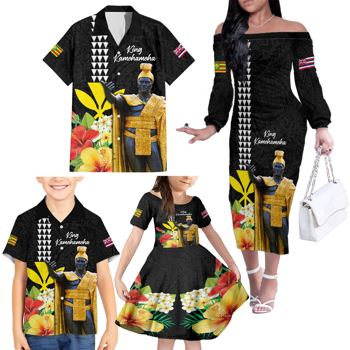 Hawaii King Kamehameha Day Family Matching Off The Shoulder Long Sleeve Dress and Hawaiian Shirt Kanaka Maoli Hibiscus Flower and Kakau Pattern - Wonder Print Shop