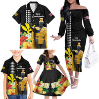 Hawaii King Kamehameha Day Family Matching Off The Shoulder Long Sleeve Dress and Hawaiian Shirt Kanaka Maoli Hibiscus Flower and Kakau Pattern - Wonder Print Shop
