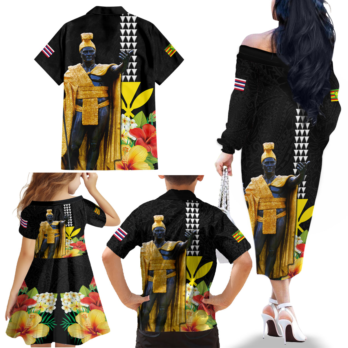 Hawaii King Kamehameha Day Family Matching Off The Shoulder Long Sleeve Dress and Hawaiian Shirt Kanaka Maoli Hibiscus Flower and Kakau Pattern - Wonder Print Shop