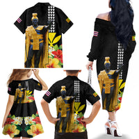 Hawaii King Kamehameha Day Family Matching Off The Shoulder Long Sleeve Dress and Hawaiian Shirt Kanaka Maoli Hibiscus Flower and Kakau Pattern - Wonder Print Shop