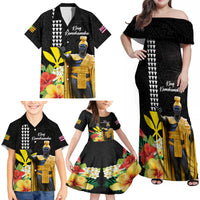 Hawaii King Kamehameha Day Family Matching Off Shoulder Maxi Dress and Hawaiian Shirt Kanaka Maoli Hibiscus Flower and Kakau Pattern - Wonder Print Shop
