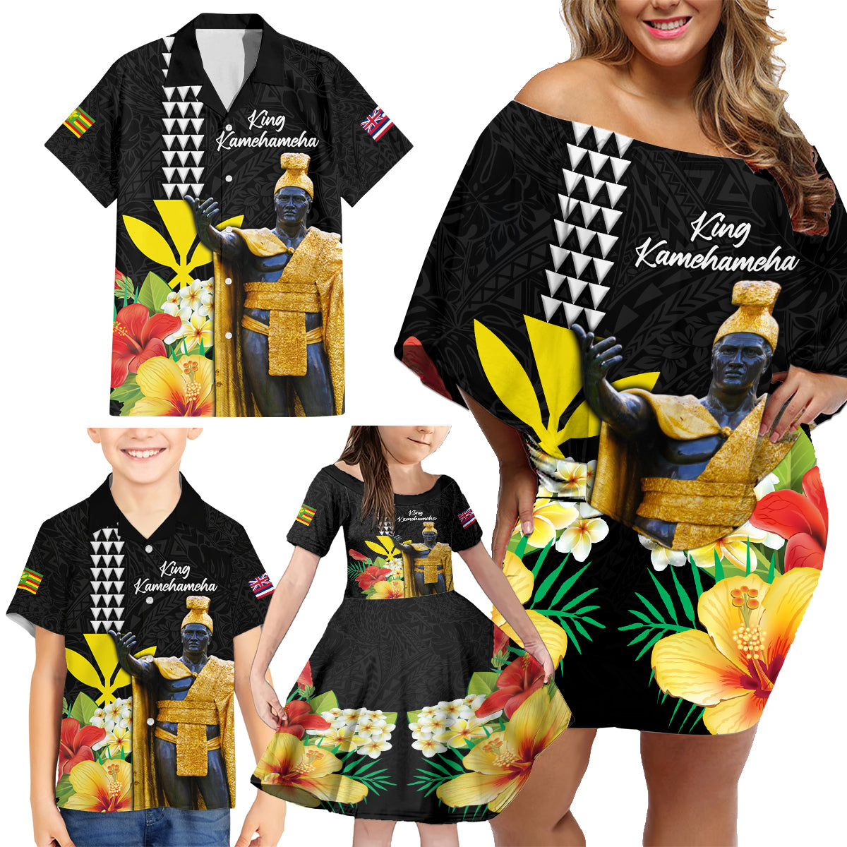Hawaii King Kamehameha Day Family Matching Off Shoulder Short Dress and Hawaiian Shirt Kanaka Maoli Hibiscus Flower and Kakau Pattern - Wonder Print Shop