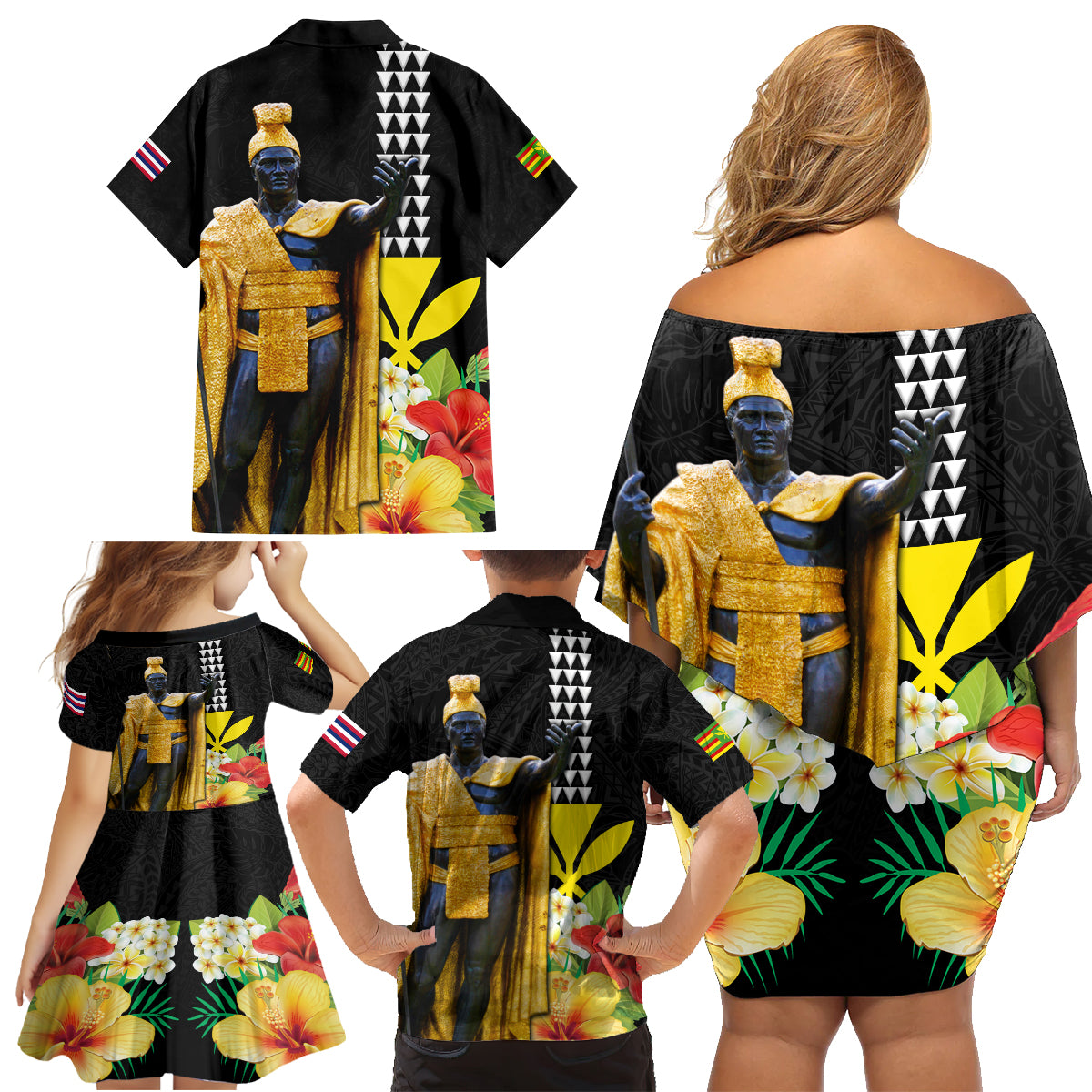 Hawaii King Kamehameha Day Family Matching Off Shoulder Short Dress and Hawaiian Shirt Kanaka Maoli Hibiscus Flower and Kakau Pattern - Wonder Print Shop