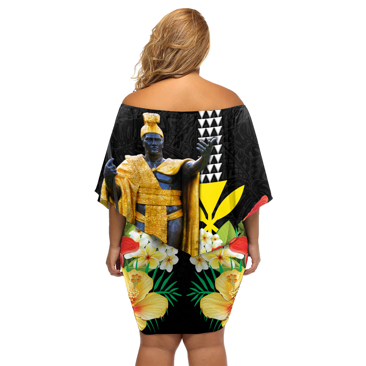 Hawaii King Kamehameha Day Family Matching Off Shoulder Short Dress and Hawaiian Shirt Kanaka Maoli Hibiscus Flower and Kakau Pattern - Wonder Print Shop
