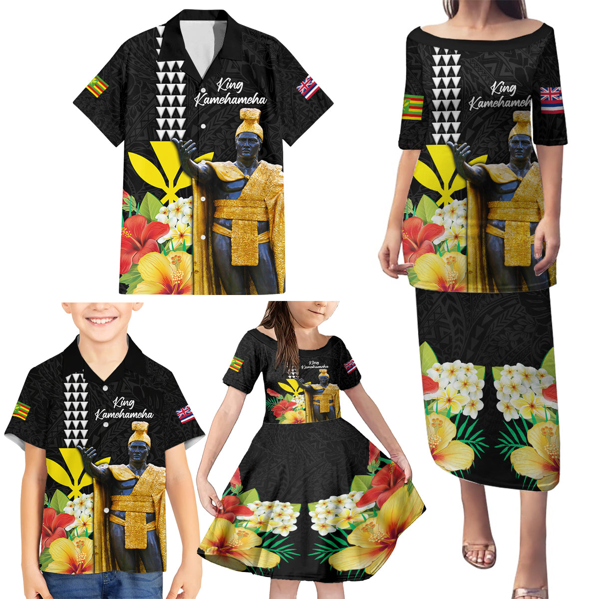 Hawaii King Kamehameha Day Family Matching Puletasi and Hawaiian Shirt Kanaka Maoli Hibiscus Flower and Kakau Pattern - Wonder Print Shop