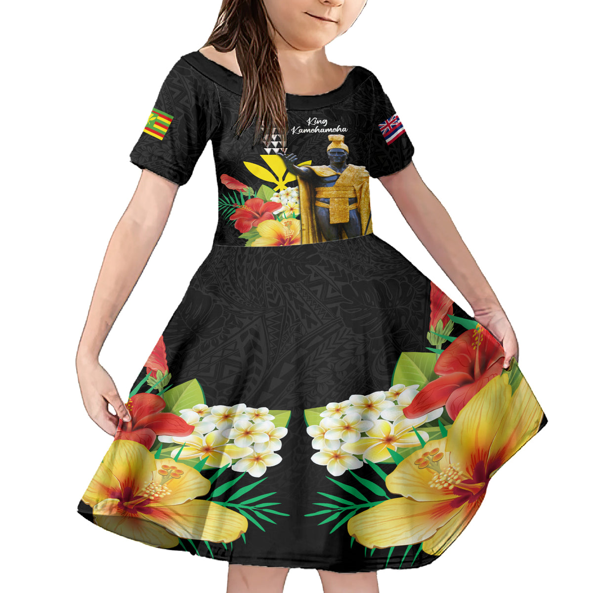 Hawaii King Kamehameha Day Family Matching Short Sleeve Bodycon Dress and Hawaiian Shirt Kanaka Maoli Hibiscus Flower and Kakau Pattern - Wonder Print Shop