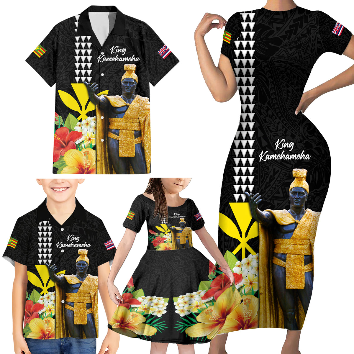 Hawaii King Kamehameha Day Family Matching Short Sleeve Bodycon Dress and Hawaiian Shirt Kanaka Maoli Hibiscus Flower and Kakau Pattern - Wonder Print Shop