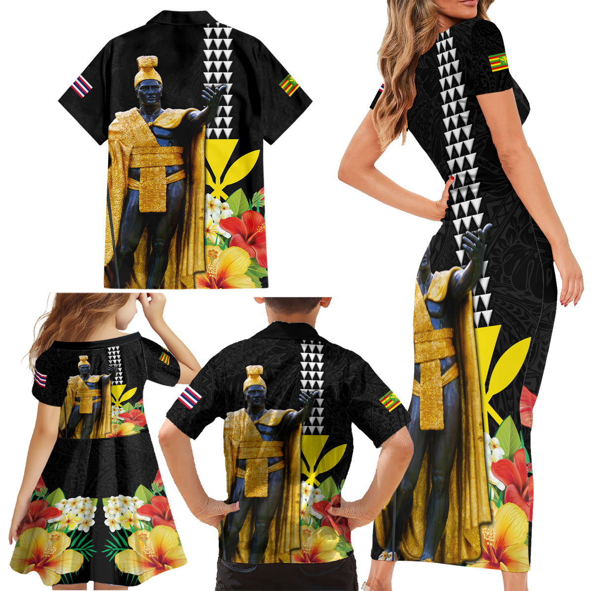 Hawaii King Kamehameha Day Family Matching Short Sleeve Bodycon Dress and Hawaiian Shirt Kanaka Maoli Hibiscus Flower and Kakau Pattern - Wonder Print Shop