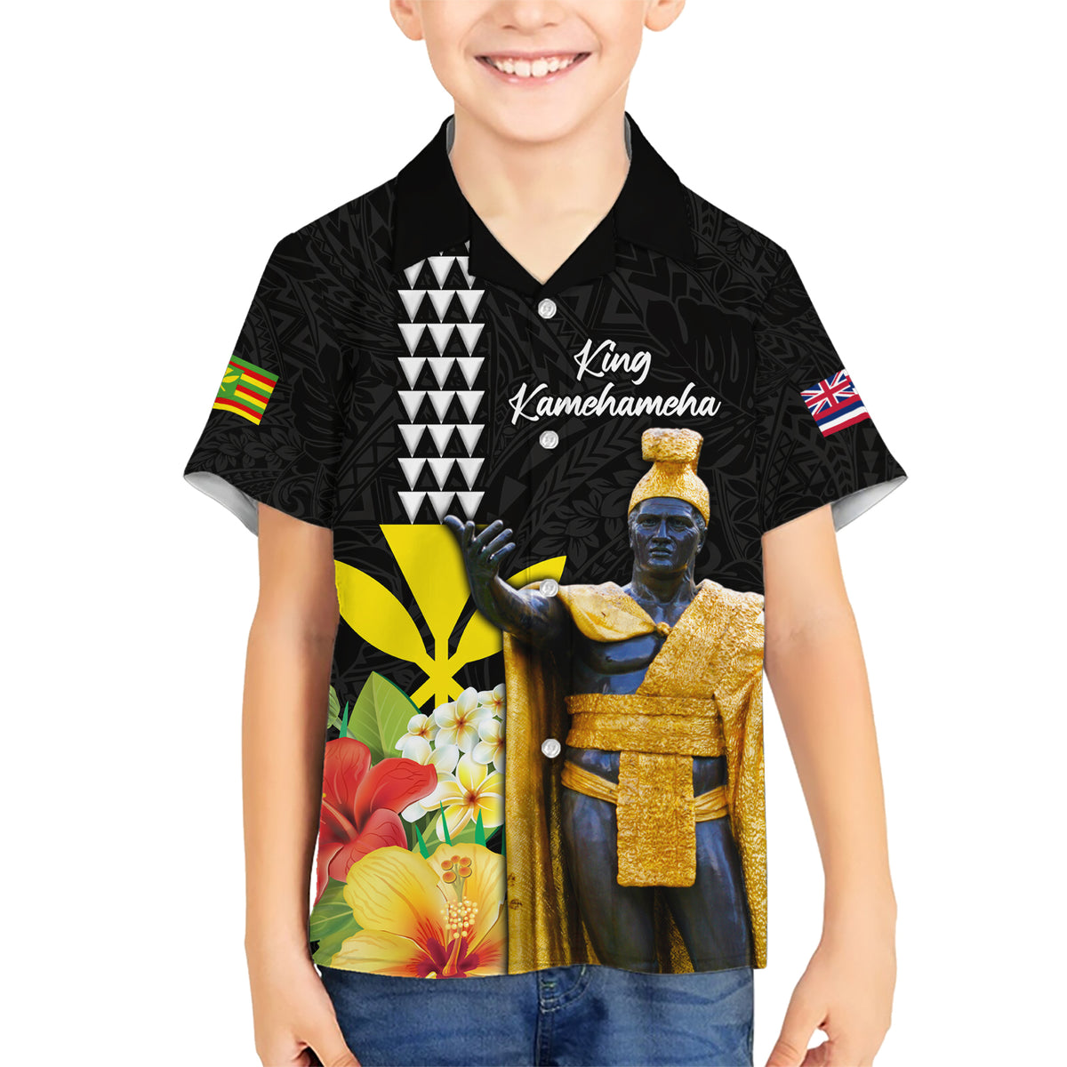 Hawaii King Kamehameha Day Family Matching Short Sleeve Bodycon Dress and Hawaiian Shirt Kanaka Maoli Hibiscus Flower and Kakau Pattern - Wonder Print Shop