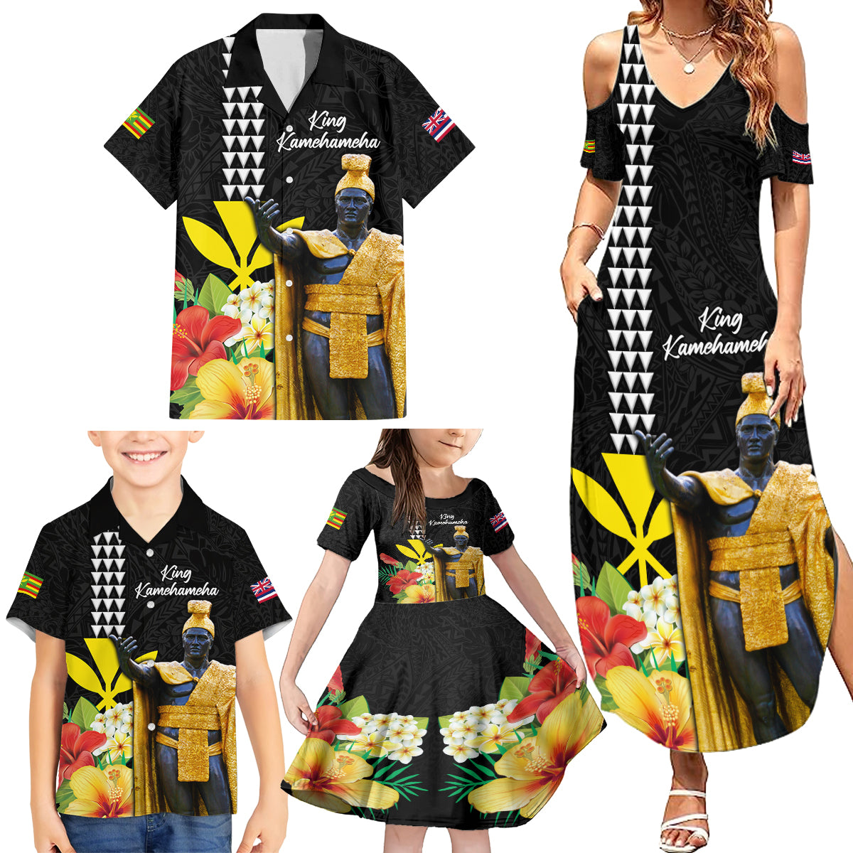 Hawaii King Kamehameha Day Family Matching Summer Maxi Dress and Hawaiian Shirt Kanaka Maoli Hibiscus Flower and Kakau Pattern - Wonder Print Shop