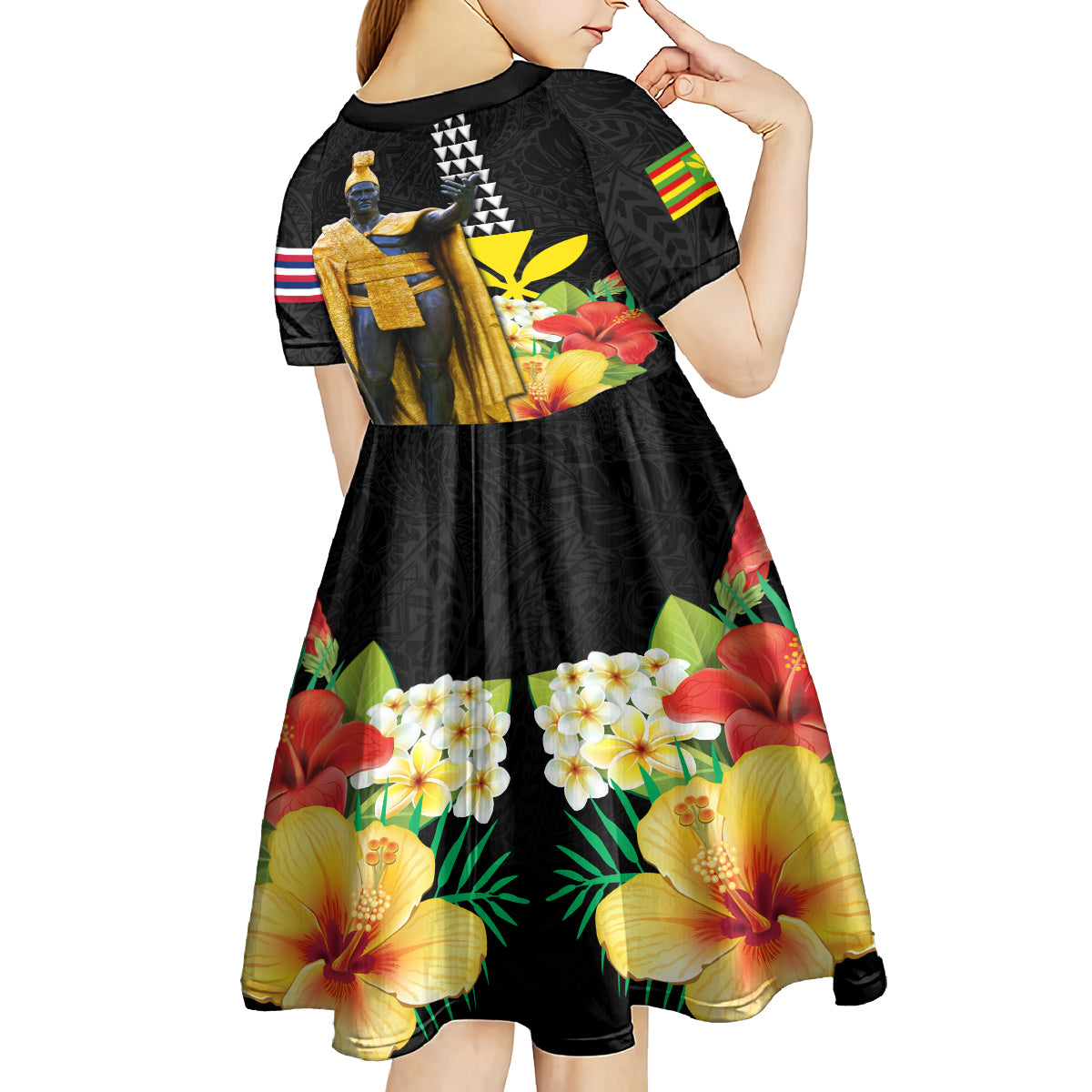 Hawaii King Kamehameha Day Kid Short Sleeve Dress Kanaka Maoli Hibiscus Flower and Kakau Pattern - Wonder Print Shop