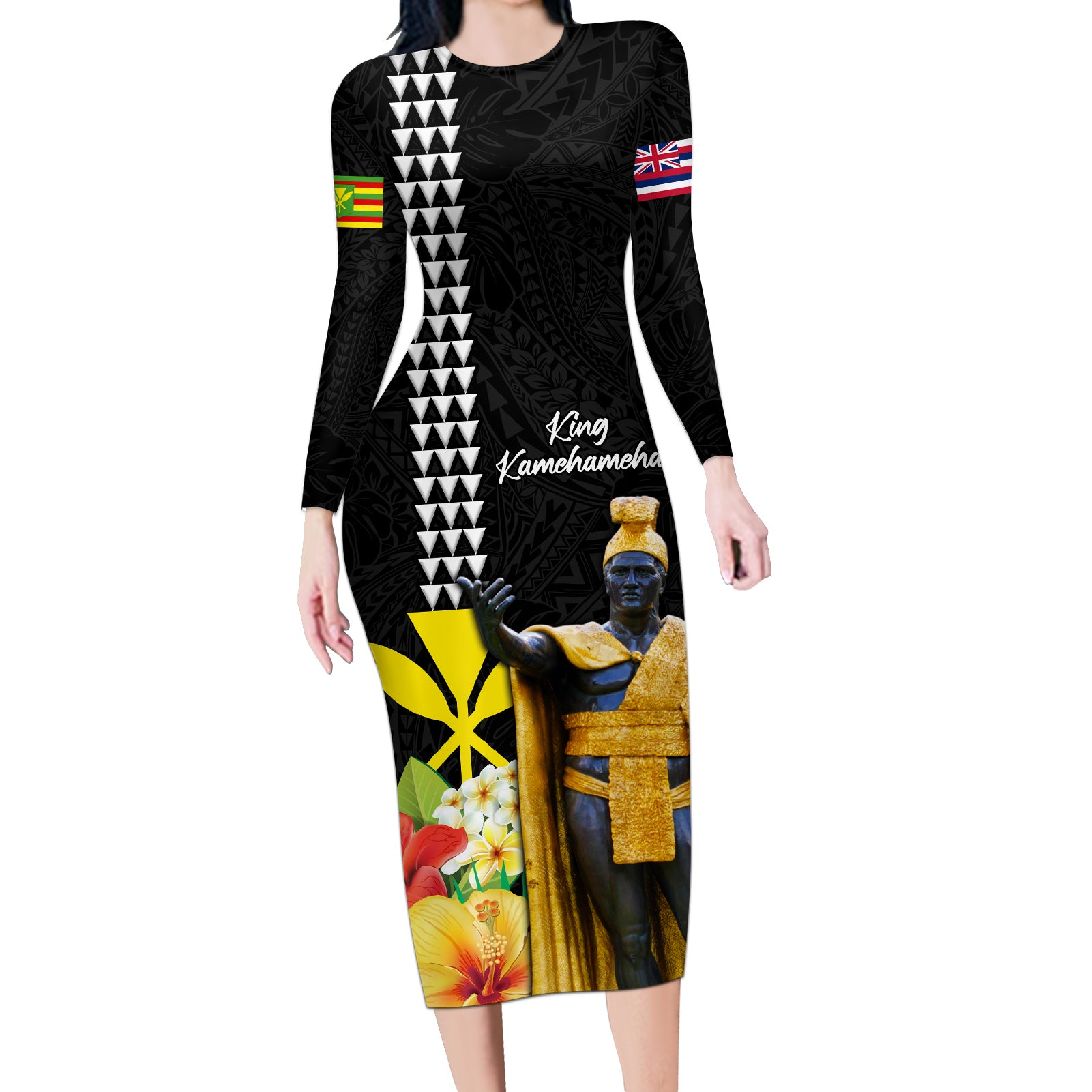 Hawaii King Kamehameha Day Long Sleeve Bodycon Dress Kanaka Maoli Hibiscus Flower and Kakau Pattern - Wonder Print Shop