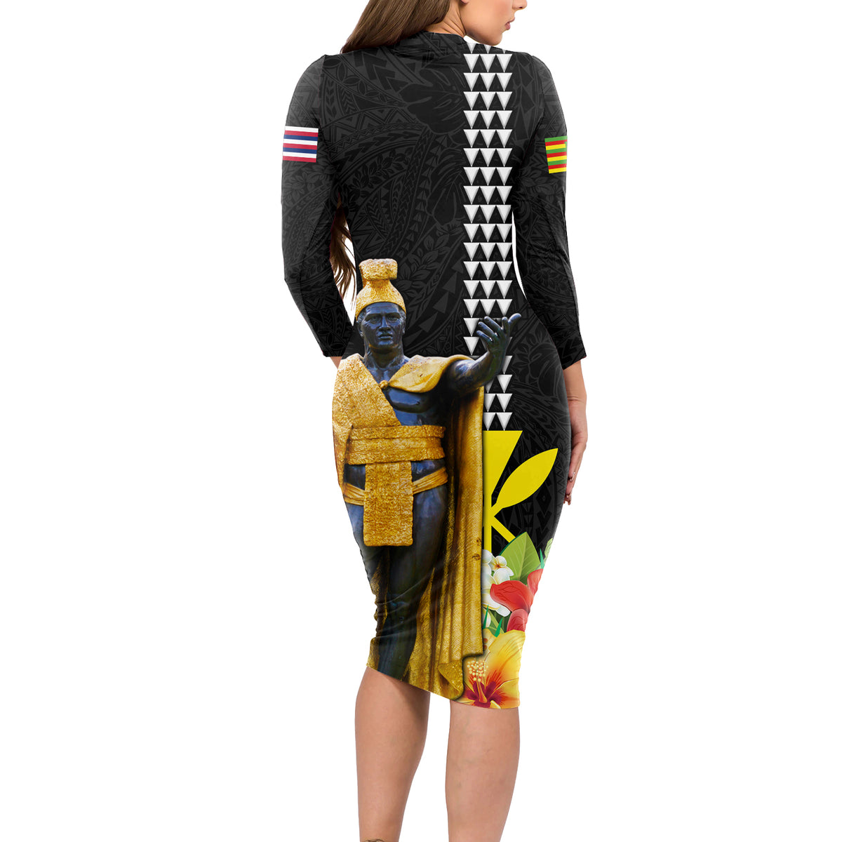 Hawaii King Kamehameha Day Long Sleeve Bodycon Dress Kanaka Maoli Hibiscus Flower and Kakau Pattern - Wonder Print Shop