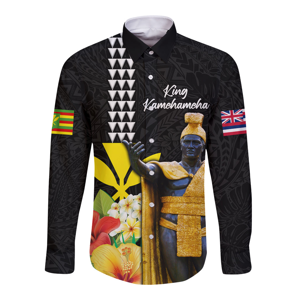 Hawaii King Kamehameha Day Long Sleeve Button Shirt Kanaka Maoli Hibiscus Flower and Kakau Pattern - Wonder Print Shop