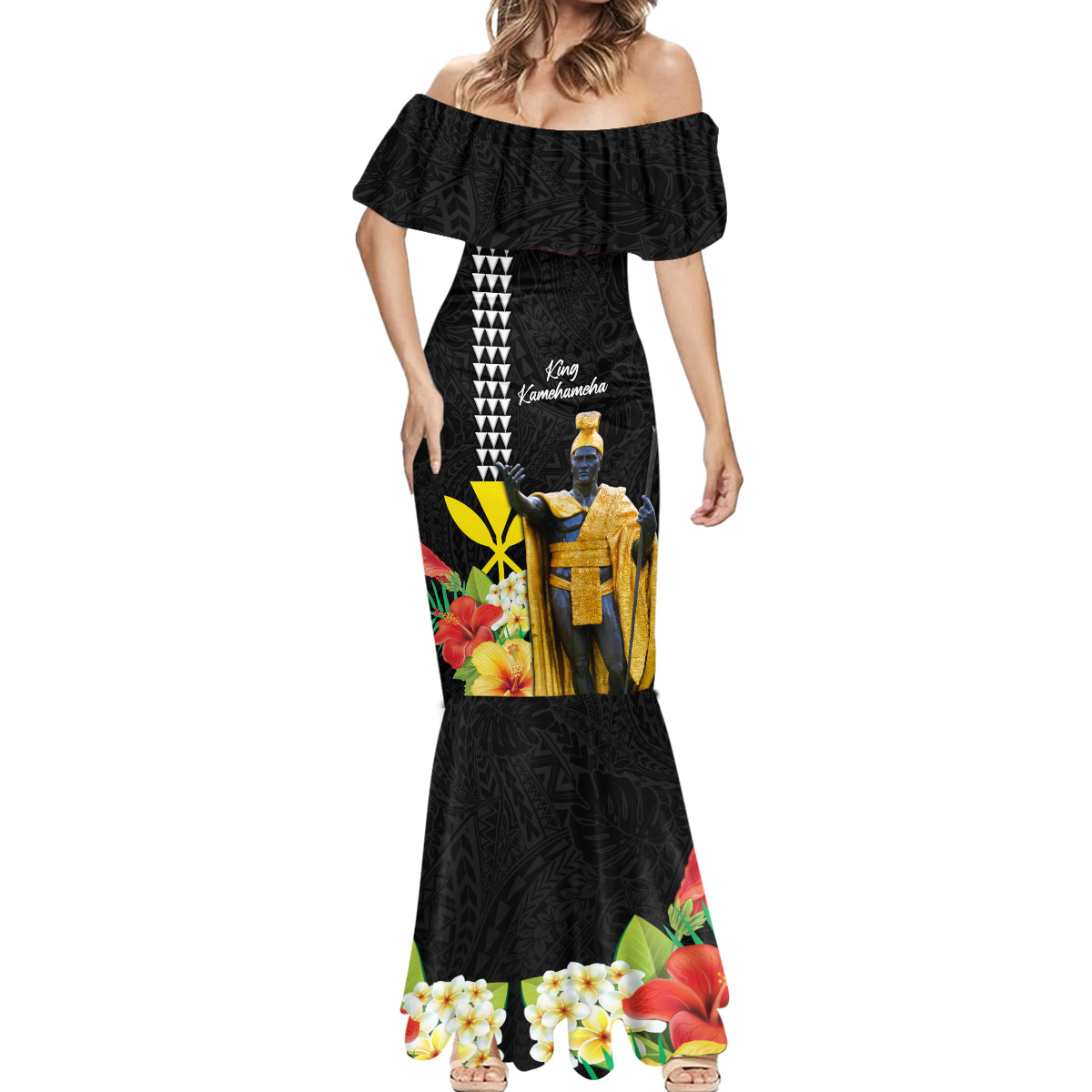Hawaii King Kamehameha Day Mermaid Dress Kanaka Maoli Hibiscus Flower and Kakau Pattern - Wonder Print Shop