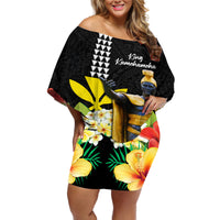 Hawaii King Kamehameha Day Off Shoulder Short Dress Kanaka Maoli Hibiscus Flower and Kakau Pattern - Wonder Print Shop