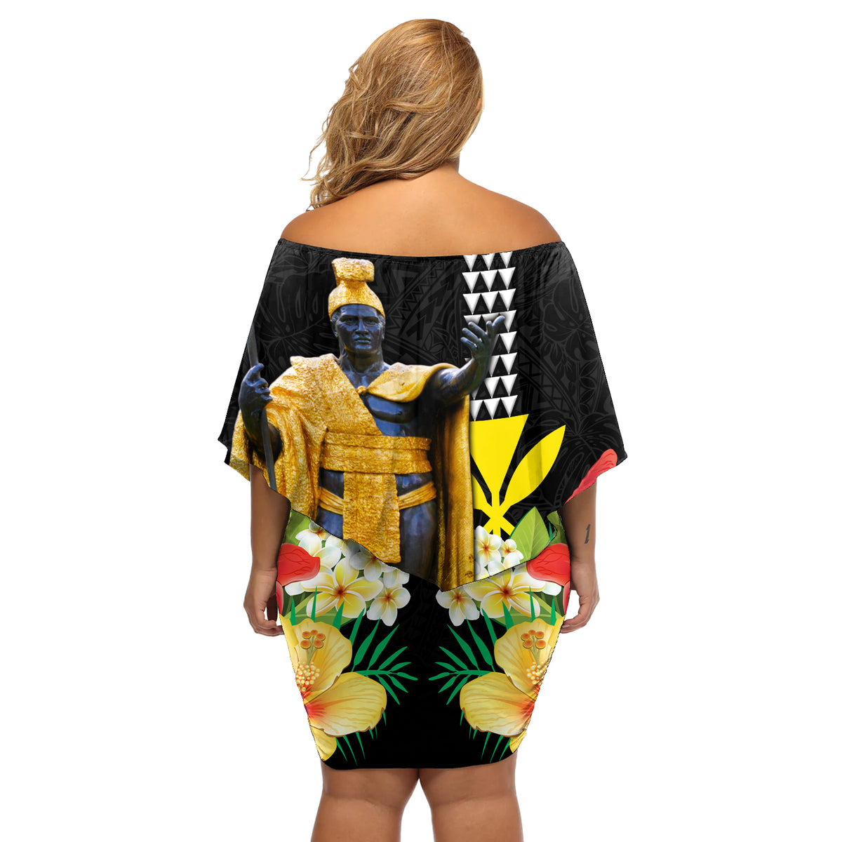 Hawaii King Kamehameha Day Off Shoulder Short Dress Kanaka Maoli Hibiscus Flower and Kakau Pattern - Wonder Print Shop