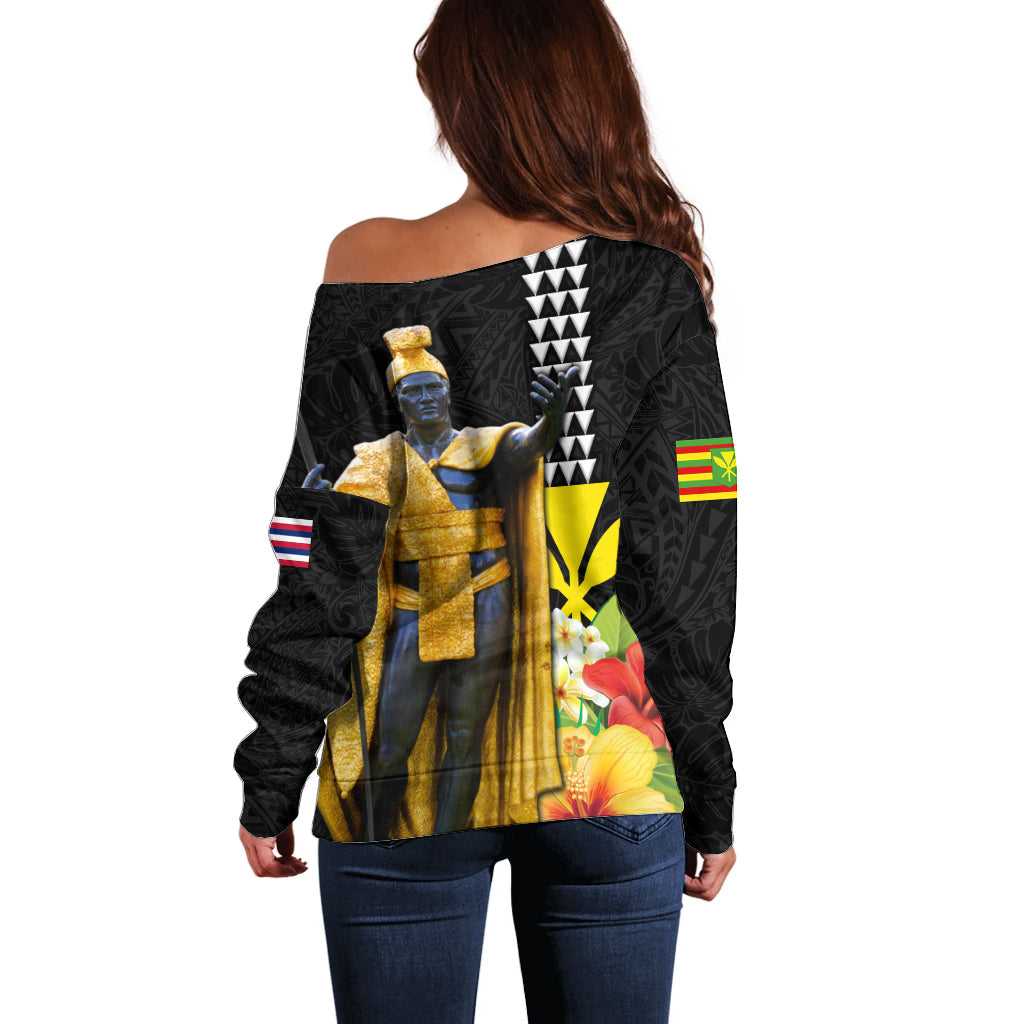 Hawaii King Kamehameha Day Off Shoulder Sweater Kanaka Maoli Hibiscus Flower and Kakau Pattern - Wonder Print Shop