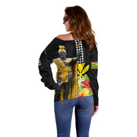 Hawaii King Kamehameha Day Off Shoulder Sweater Kanaka Maoli Hibiscus Flower and Kakau Pattern - Wonder Print Shop