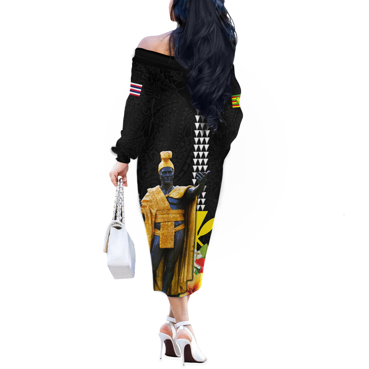 Hawaii King Kamehameha Day Off The Shoulder Long Sleeve Dress Kanaka Maoli Hibiscus Flower and Kakau Pattern - Wonder Print Shop