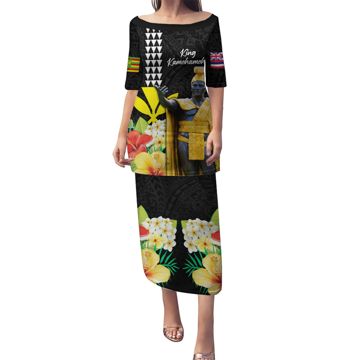 Hawaii King Kamehameha Day Puletasi Kanaka Maoli Hibiscus Flower and Kakau Pattern - Wonder Print Shop