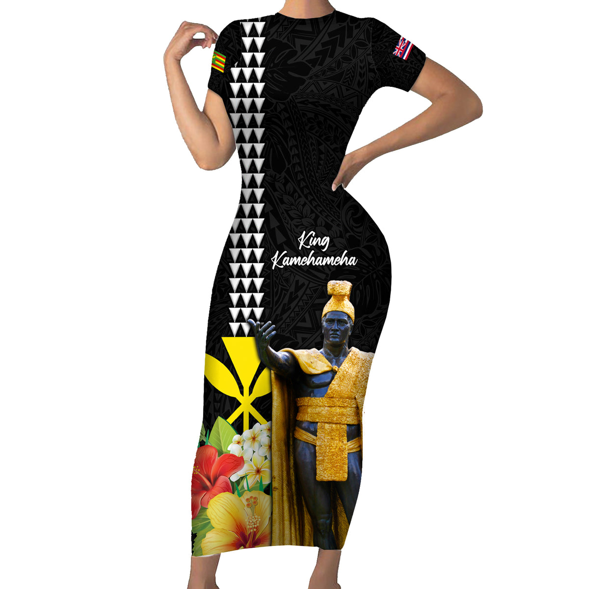 Hawaii King Kamehameha Day Short Sleeve Bodycon Dress Kanaka Maoli Hibiscus Flower and Kakau Pattern - Wonder Print Shop
