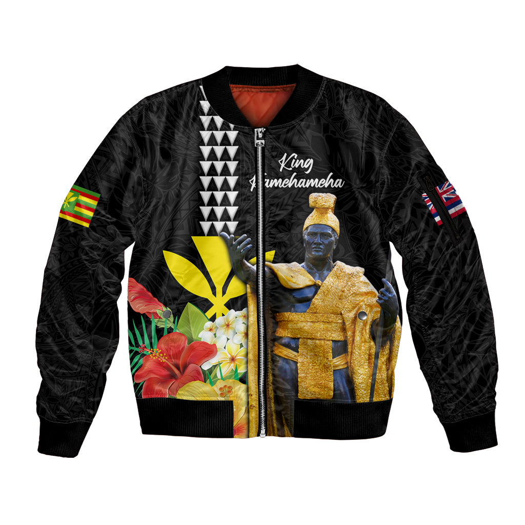Hawaii King Kamehameha Day Sleeve Zip Bomber Jacket Kanaka Maoli Hibiscus Flower and Kakau Pattern - Wonder Print Shop