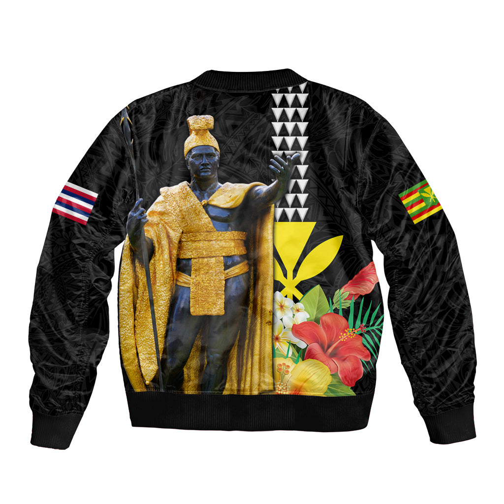 Hawaii King Kamehameha Day Sleeve Zip Bomber Jacket Kanaka Maoli Hibiscus Flower and Kakau Pattern - Wonder Print Shop