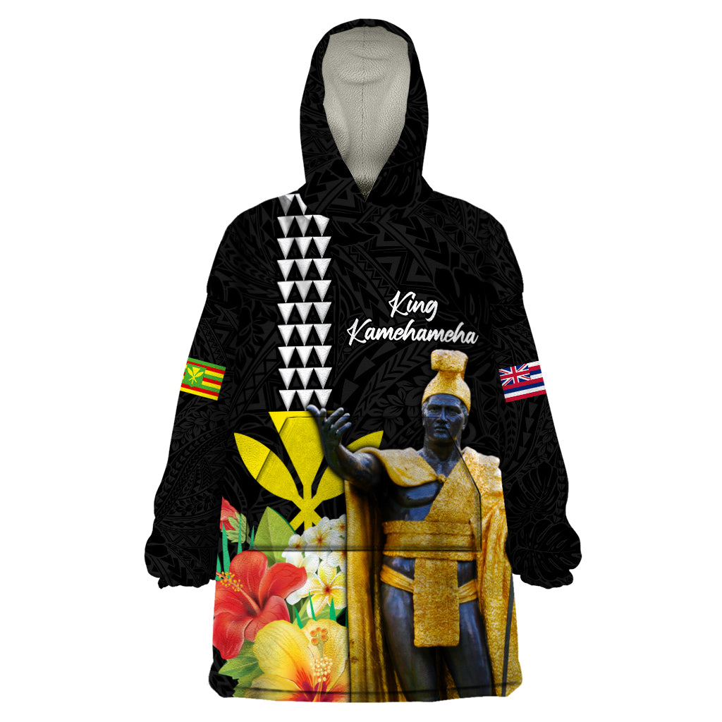 Hawaii King Kamehameha Day Wearable Blanket Hoodie Kanaka Maoli Hibiscus Flower and Kakau Pattern - Wonder Print Shop