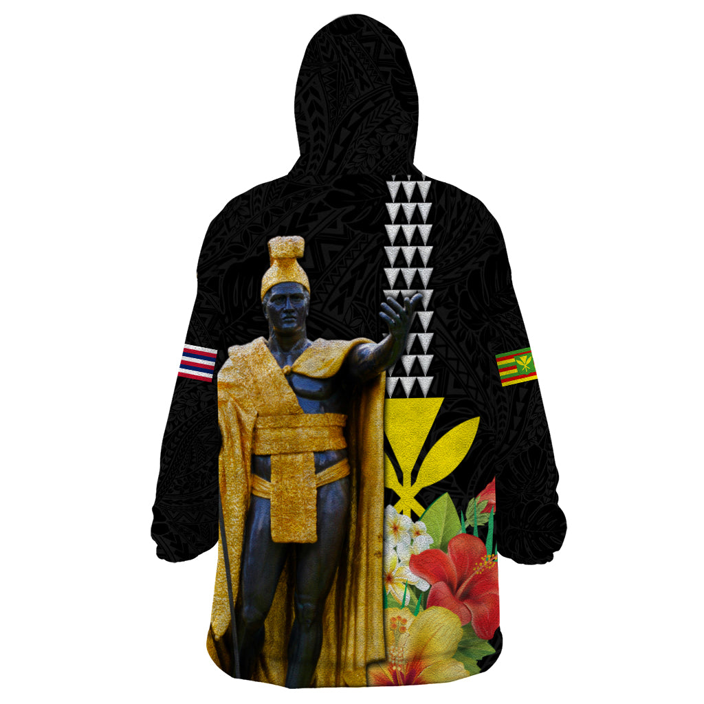 Hawaii King Kamehameha Day Wearable Blanket Hoodie Kanaka Maoli Hibiscus Flower and Kakau Pattern - Wonder Print Shop