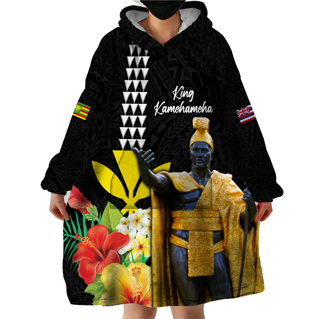 Hawaii King Kamehameha Day Wearable Blanket Hoodie Kanaka Maoli Hibiscus Flower and Kakau Pattern - Wonder Print Shop