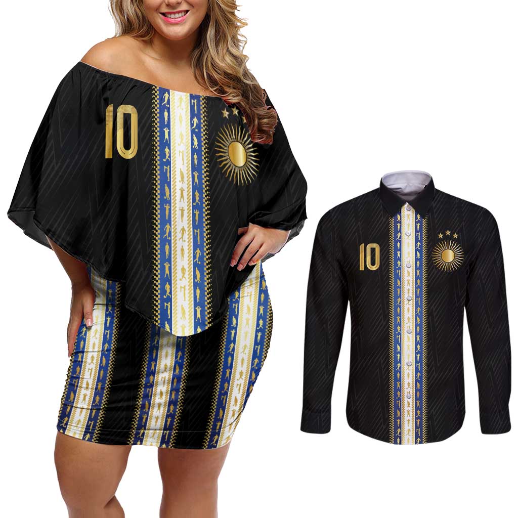 Argentina Football Couples Matching Off Shoulder Short Dress and Long Sleeve Button Shirt GOAT-Pride of La Albiceleste