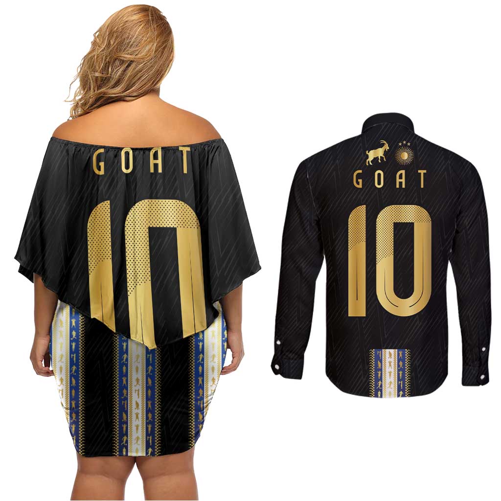 Argentina Football Couples Matching Off Shoulder Short Dress and Long Sleeve Button Shirt GOAT-Pride of La Albiceleste