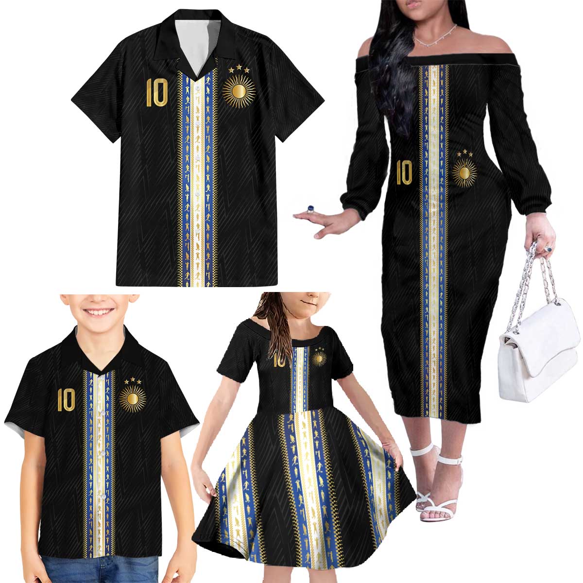 Argentina Football Family Matching Off The Shoulder Long Sleeve Dress and Hawaiian Shirt GOAT-Pride of La Albiceleste