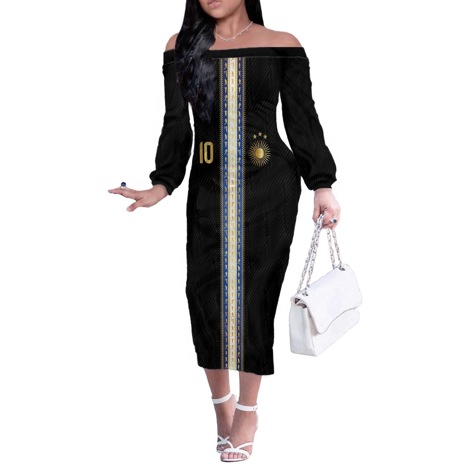 Argentina Football Off The Shoulder Long Sleeve Dress GOAT-Pride of La Albiceleste